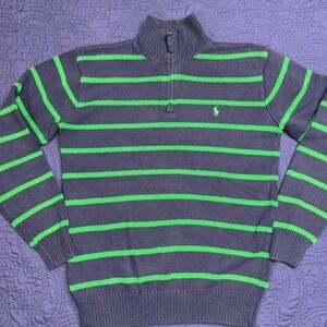 VNTG Ralph Lauren Men's Striped Quarter Zip Fisherman Knit Sweater Navy Size S